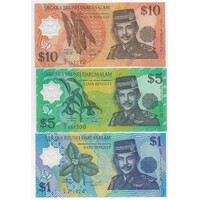 Brunei 1996 Set of 3 Banknotes 1-5-10 Ringgit Unc
