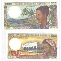 Comoros ND1994 Set of 2 Banknotes 500 & 1000 Francs Unc