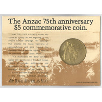 Australia 1990 ANZAC 75th Anniversary $5 Commemorative Coin in Card