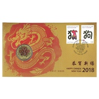 Australia 2018 Year of The Dog - Happy New Year Dragon $1 Coin & Stamp PNC Cover