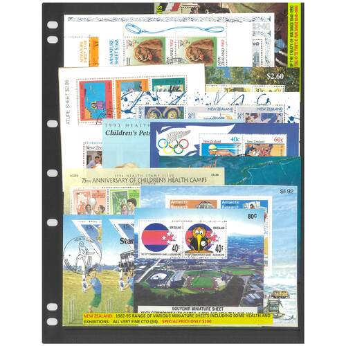 New Zealand 1982-95 Selection of 34 Mini Sheets incl. Health & Exhibitions CTO 29-17