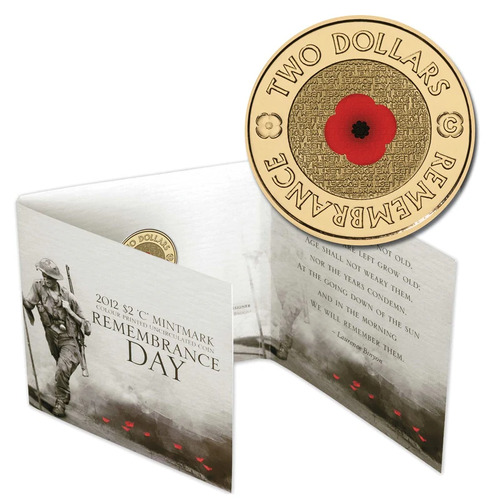 Australia 2012 Remembrance Day Red Poppy $2 Coloured Coin 'C' Mintmark UNC