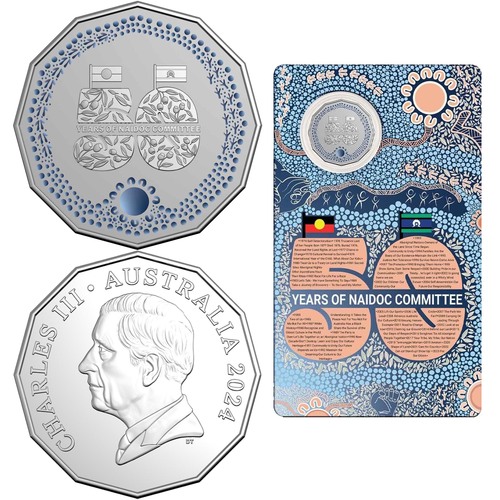 Australia 2024 NAIDOC 50th Anniv. 50c Coloured Frosted UNC Coin in Card