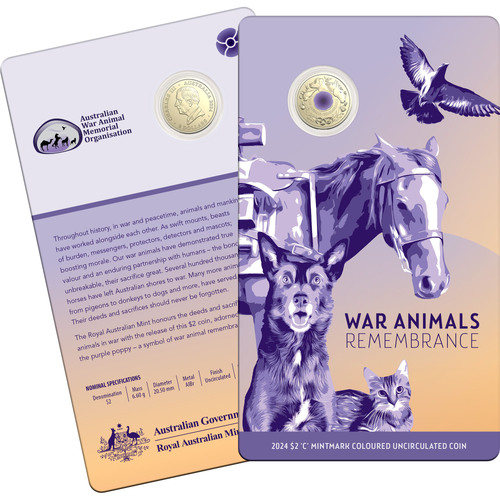 Australia 2024 War Animals Remembrance $2 'C' mmk Coloured UNC Coin in Card