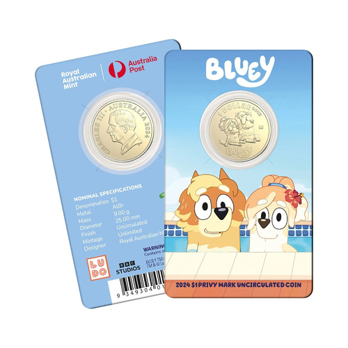 Australia 2024 Bluey $1 Privy Mark Coin in Card -  Uncle Rad & Frisky