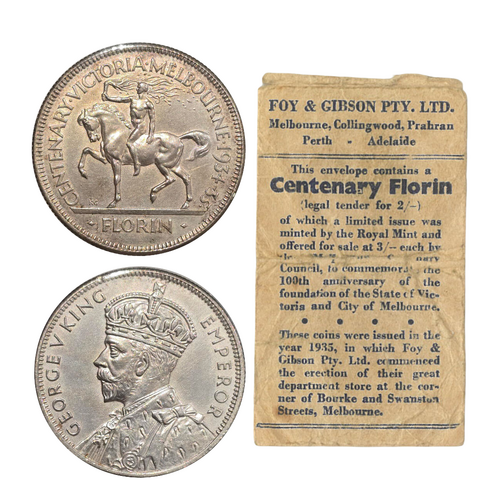 Australia 1934/35 Melbourne Centenary Florin gEF w/- Foy & Gibson P/L Type 1 Bag