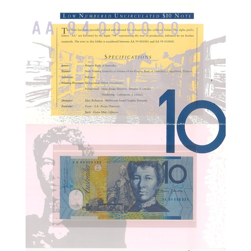 Australia 1994 $10 Polymer Banknote Evan/Fraser  UNC in Deluxe NPA Folder Low Numbered 