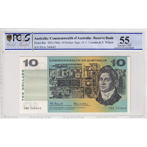 Commonwealth of Australia 1966 $10 Banknote Coombs/Wilson First Prefix PCGS 55 