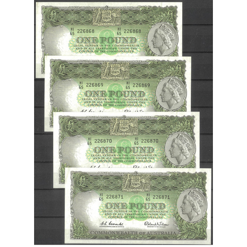 Commonwealth of Australia 1961 £1 Banknote Consecutive Run of 4 Coombs/Wilson R34b gVF #P-21
