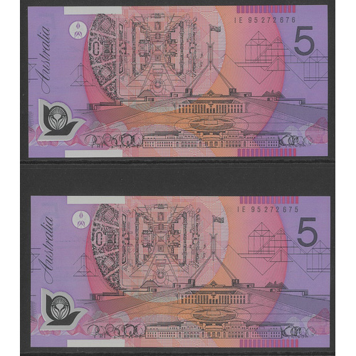 Australia 1995 $5 Banknote Consecutive Pair "Thin" Sorting Bands Fraser/Evans UNC 3-70