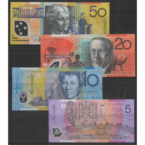 Australia 1997 $5-$50 Polymer Banknotes with First Prefixes Evans/Macfarlane UNC 3-73