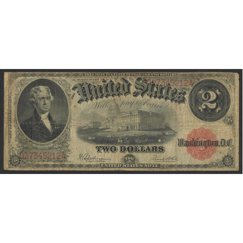 USA 1917 $2 Two Dollars Banknote Red Serial Number P188 VG+ (tears) Condition 15-2