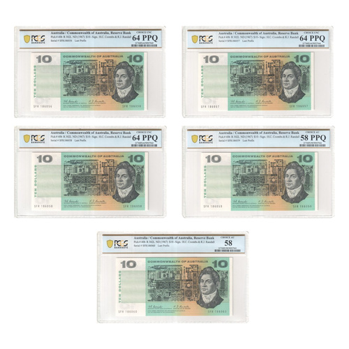 Commonwealth of Australia 1967 Consecutive 5 of $10 Banknotes Coombs/Randall Last Prefix R302L PCGS Choice UNC