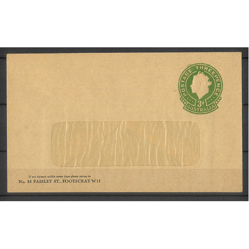 Australia c1953 QE 3d Green Stamped-to-order Envelope BW ES91 Unused #PS-8