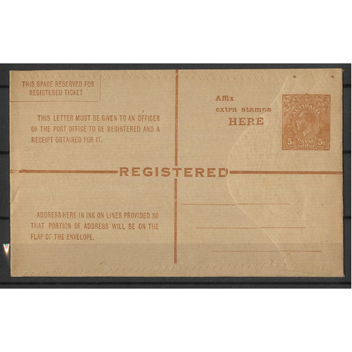 Australia 1922 KGV 5d Brown On Flap Registered Envelope BW RE12 Unused #PS-13
