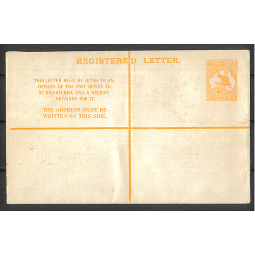 Australia 1913 Kangaroo 4d Orange Registered Envelope BW RE3A Unused #PS-13