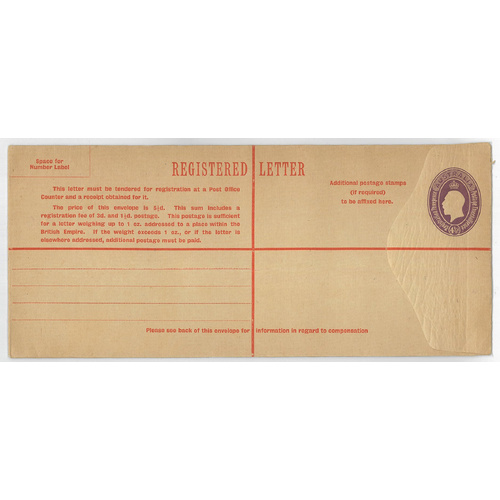 Australia c1928 KGVI 4½d Violet Registered Envelope 225x100mm BW RE22 Unused #PS-18