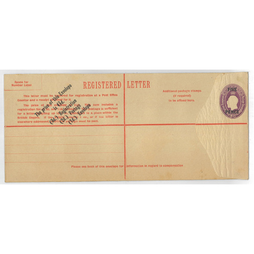 Australia 1930 KGV Five Pence on 4½d Violet Registered Envelope 225x100mm BW RE25B Unused #PS-18
