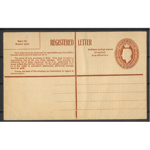 Australia 1949 KGVI 8½d Brown Registered Envelope BW RE34 Unused #PS-19