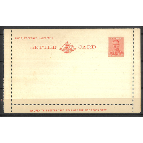 Australia c1937 KGVI 2d Red Letter Card p13½ Cream BW LC66A Unused #PS-21