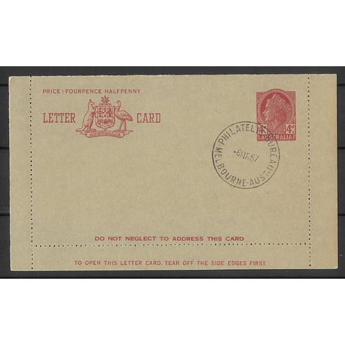 Australia 1957 QE 4d Claret Letter Card BW LC81y First Day Cancel 6MR57 #PS-21