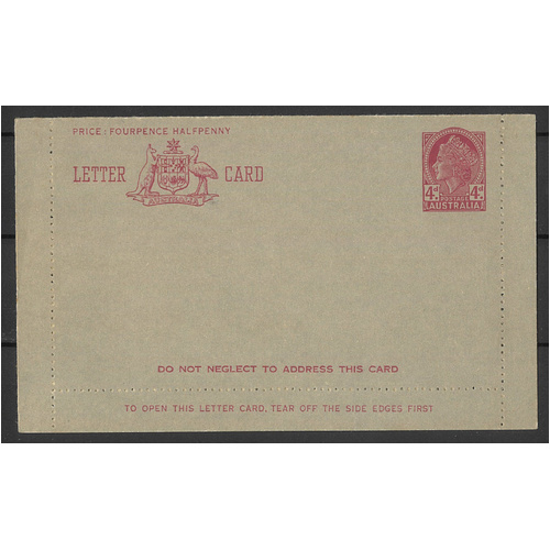 Australia c1957 QE 4d Claret Letter Card Inside Admonition in Red BW LC81A Unused #PS-24