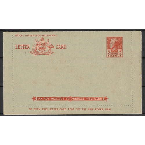 Australia 1951 KGVI 3d Red Letter Card BW LC74 Unused #PS-25
