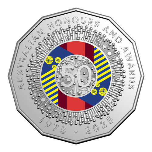 Australia 2025 50 Years of Australian Honours System Coloured 50c UNC Coin Loose