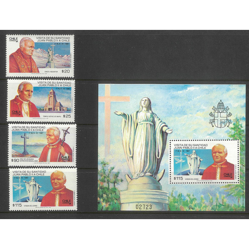 Chile 1987 Papal Visit Set/4 Stamps & Mini Sheet Sc.744/47a MUH 29-14