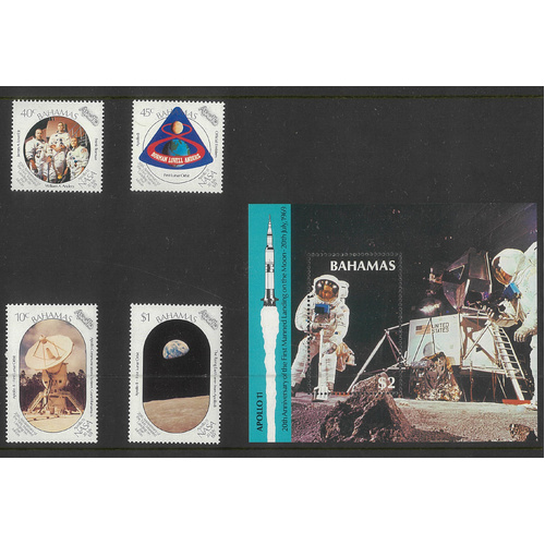 Bahamas 1989 Moon Landing Anniversary Set/4 Stamps & Mini Sheet SG855/59 MUH 25-1*