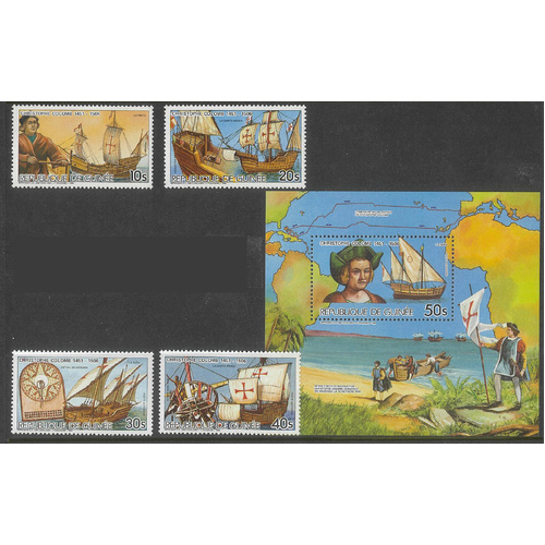 Guinea 1985 Columbus Anniv Set/4 Stamps & Mini Sheet Sc.974/78 MUH 25-11