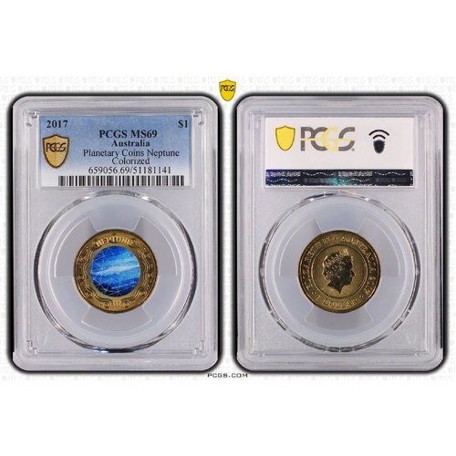 Australia 2017 Planet Neptune Coloured $1 Coin PCGS MS69