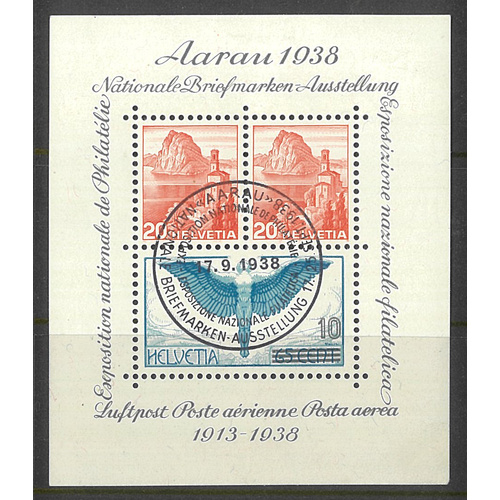Switzerland 1938 "Aarau" Mini Sheet Scott 242 CTO First Day Cancel 24-7