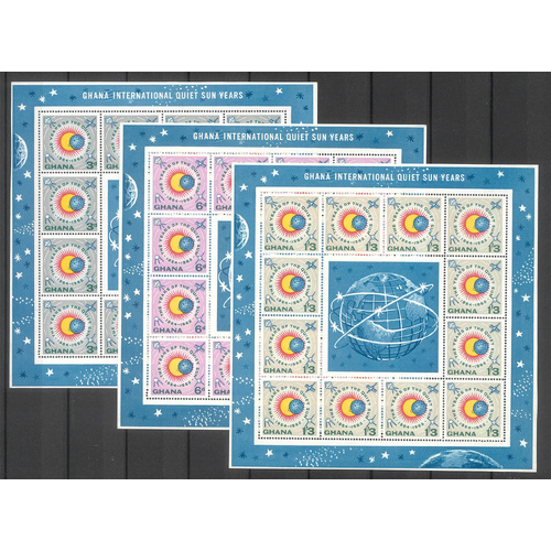 Ghana 1964 Year of The Quiet Sun Set/3 Stamps in Sheetlets/12 SG332/34 MUH 23-9