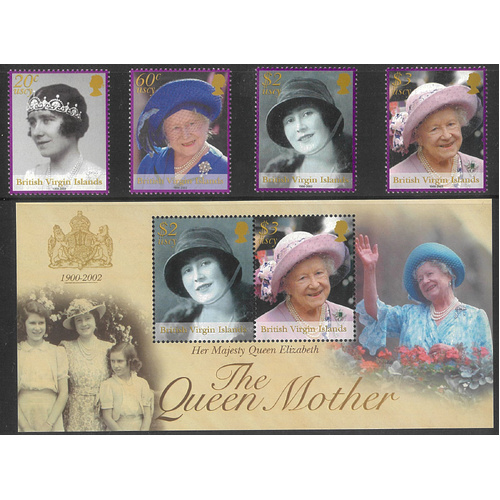British Virgin Is. 2002 Queen Mother Set/4 Stamps & Mini Sheet SG1096/100 MUH 18-1-ew