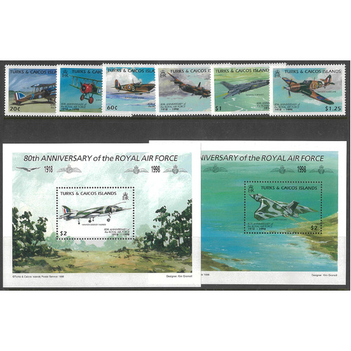 Turks & Caicos Is. 1998 RAF Anniv Set/6 Stamps & 2 Mini Sheets SG1500/06 MUH 18-2-ew