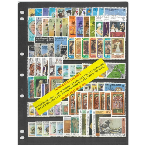 Turks & Caicos Is. 1973-80 Selection of 21 Commemorative Sets 88 Stamps & 7 Mini Sheets MUH #495