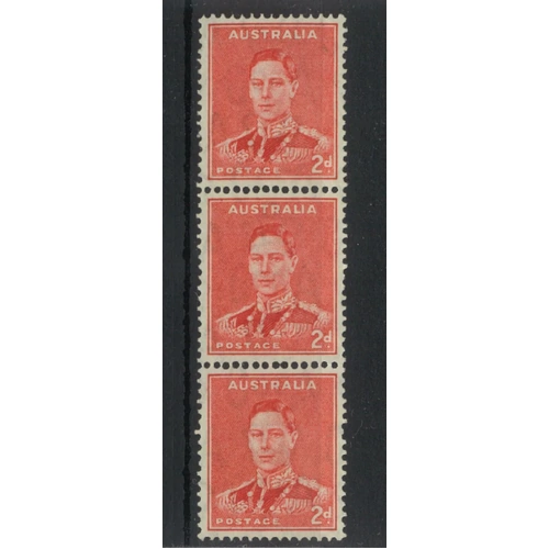 Australia 1941 KGVI 2d Scarlet Die II Vertical Coil Strip of 3 Stamps MUH #AUBK