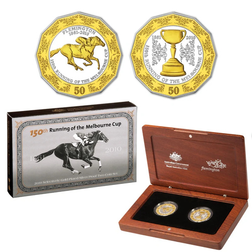 Australia 2010 Melbourne Cup Gold Plated 50c Coins Silver Proof Pair