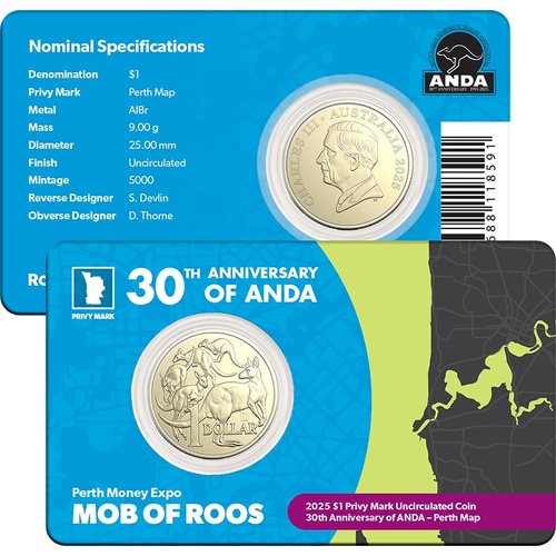 Australia 2025 ANDA Perth Money Expo Mob of Roos $1 UNC Coin Privy Mark