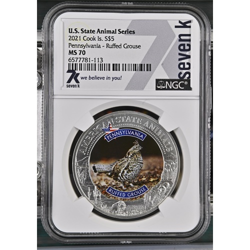 Cook Is. 2021 US State Animal Series Pennsylvania Ruffed Grouse $5 Silver Coin NGC MS70