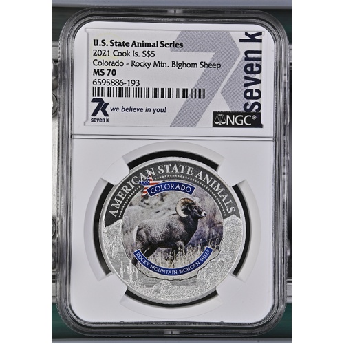 Cook Is. 2021 US State Animal Series Colorado - Rocky Mountain Bighorn Sheep $5 Silver Coin NGC MS70