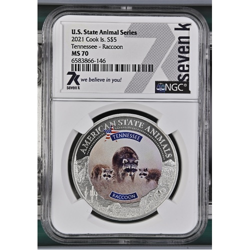 Cook Is. 2021 US State Animal Series Tennessee - Raccoon $5 Silver Coin NGC MS70