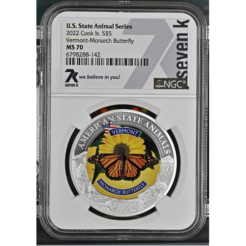 Cook Is. 2021 US State Animal Series Vermont-Monarch Butterfly $5 Silver Coin NGC MS70