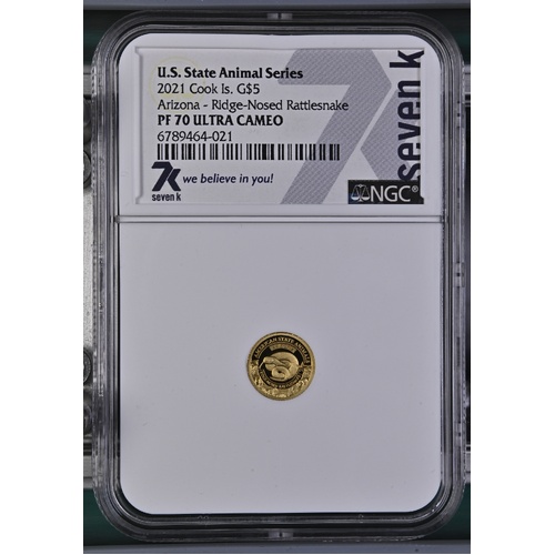 Cook Is. 2021 US State Animal Series Arizona Ridge-Nosed Rattlesnake $5 Gold Coin NGC PF70