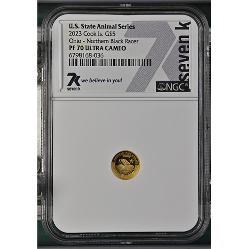 Cook Is. 2023 US State Animal Series Ohio-Northern Black Racer $5 Gold Coin NGC PF70