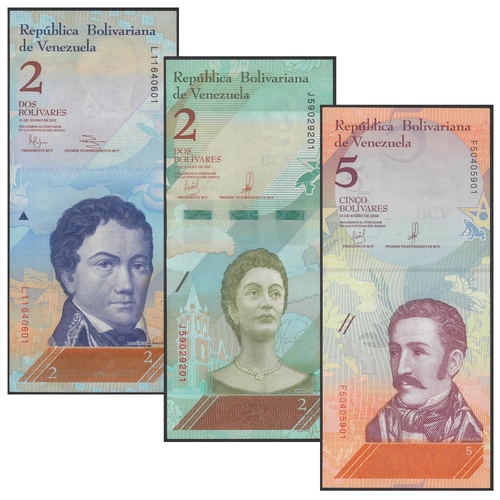 Venezuela 2012-18 Set of 3 Banknotes 2 & 5 Bolivares P88d P101 P102 UNC