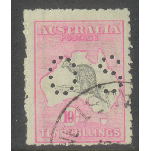 Australia Kangaroo Stamp 3rd WMK 10/- Grey/Pale Aniline Pink Perf OS CTO #AUBK