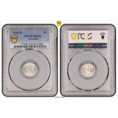 Australia 1943 Three Pence 3d Coin PCGS MS62