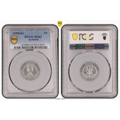 Australia 1955 Three Pence 3d Coin PCGS MS63